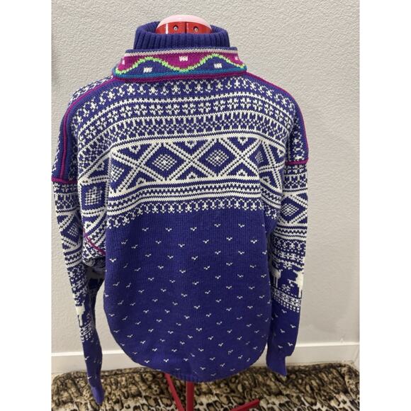 Vintage Nordic Sweater Quarter Zip Purple White Wool Blend Reindeer Fair Isle - Picture 2 of 6